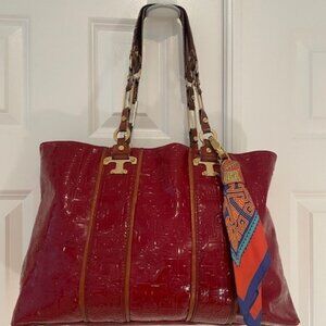 Tory Burch RARE Lux T Nico Embossed Red Patent Leather Tote Bag